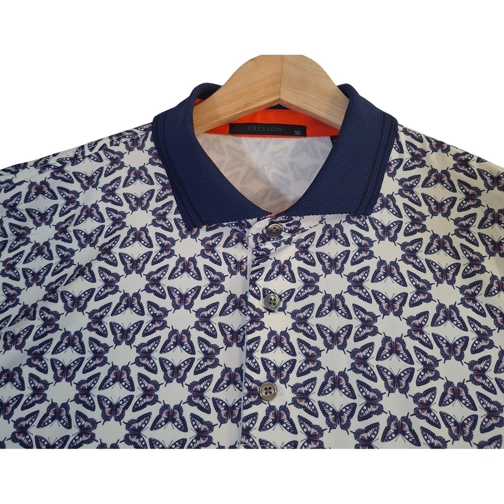 Greyson‎ Mens XL Butterfly Print Golf Polo Shirt Navy White Orange Performance